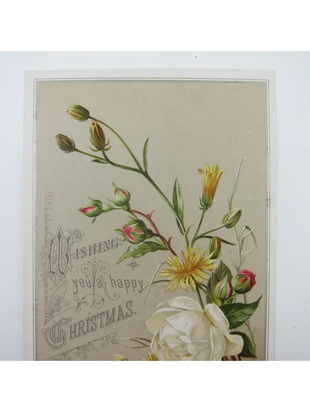 Victorian Christmas Card Raphael Tuck & Sons White Roses Yellow Flowers Antique